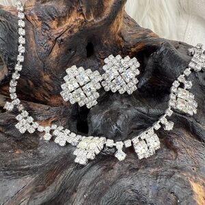 Vintage Kramer Demi-Parure Art Deco Style Clear Rhinestone Pair Wedding Prom